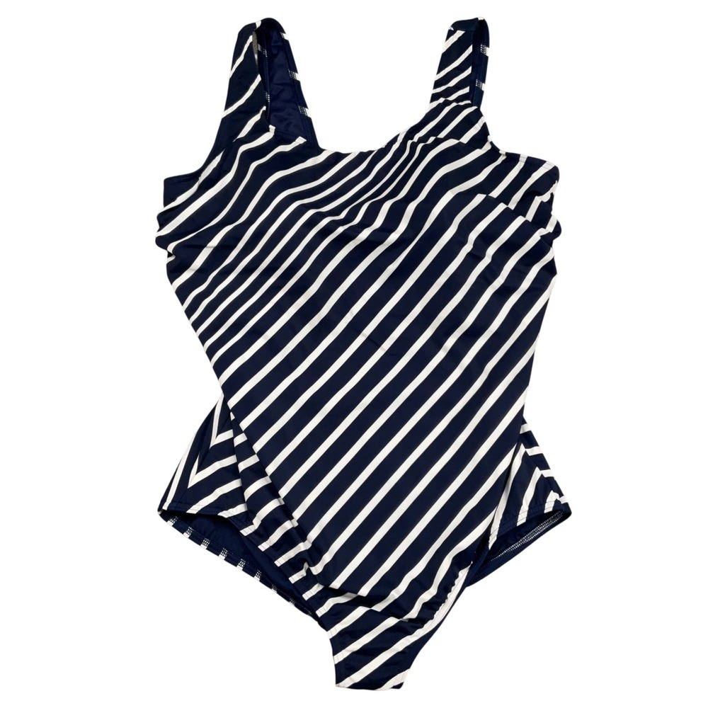 Lands End 1 Pc Swimsuit Womens 22W Navy White Stripe Lycra Swimsuit Athletic NWT